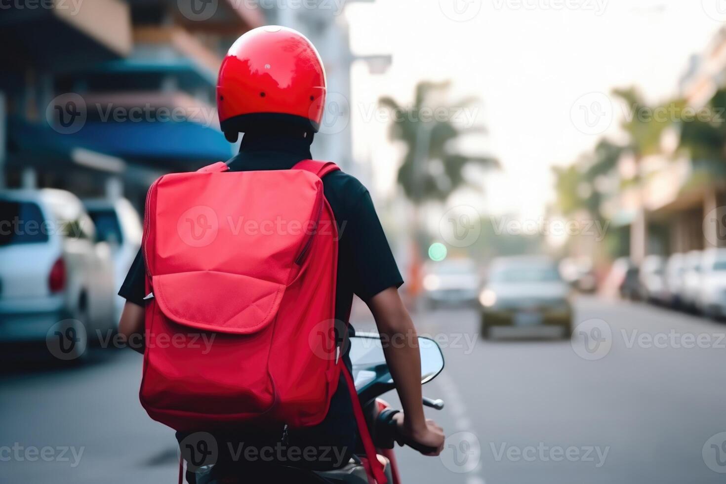 Back View of Fictional Food Delivery Rider on Scooter with Thermal Bag, Express Delivery Service from Cafe and Restaurant. . photo