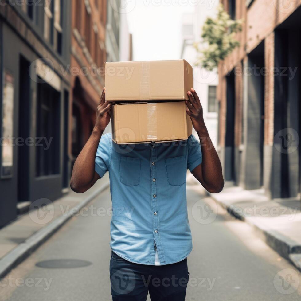 Portrait of Delivery Man Hiding Face with Cardboard Boxes at Street. Work for Courier Service, . photo