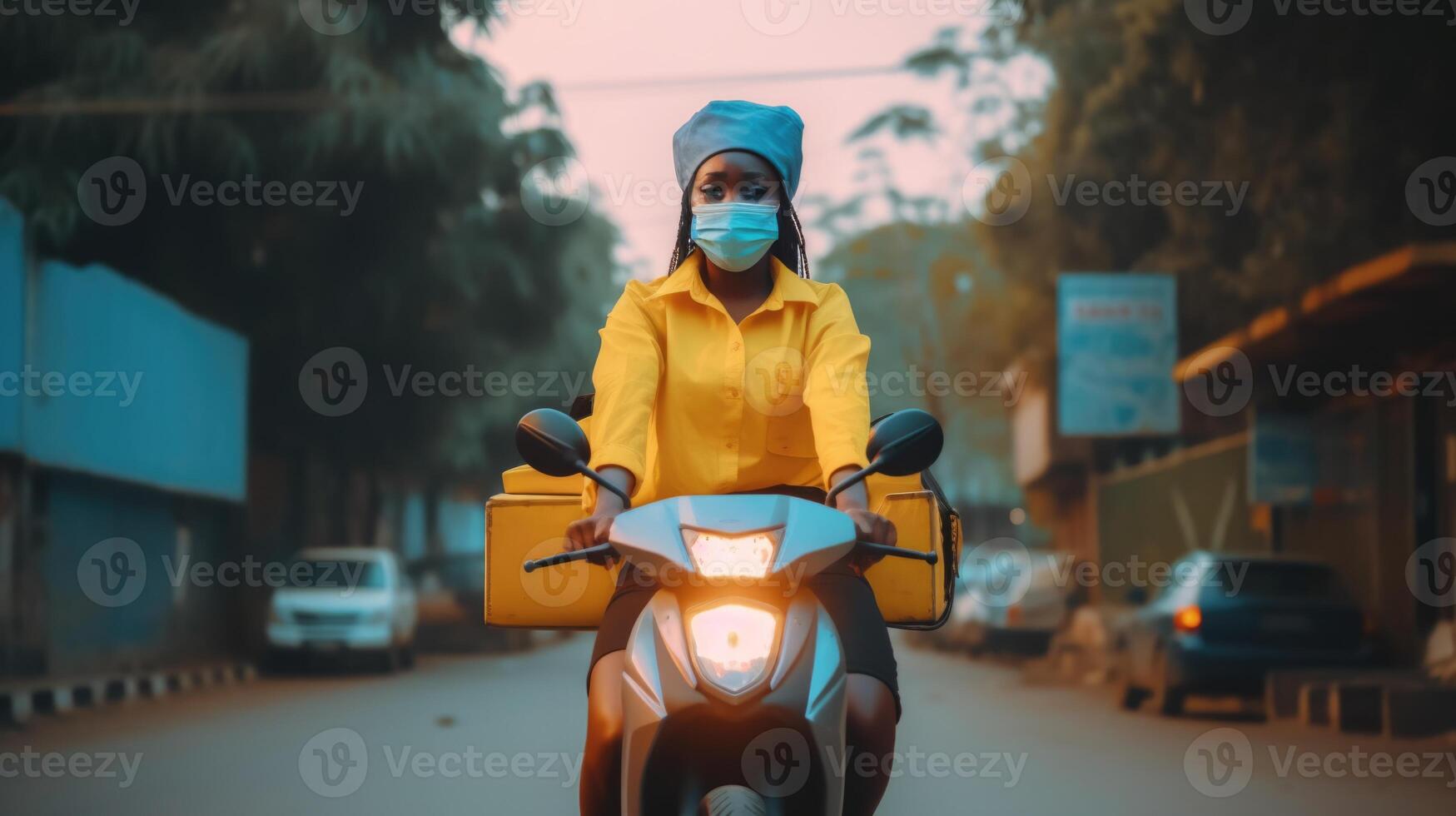 Fictional Food Delivery African Girl Riding on Scooty with Isothermal Case Box, Express Delivery Service from Cafe and Restaurant. Generative AI. photo