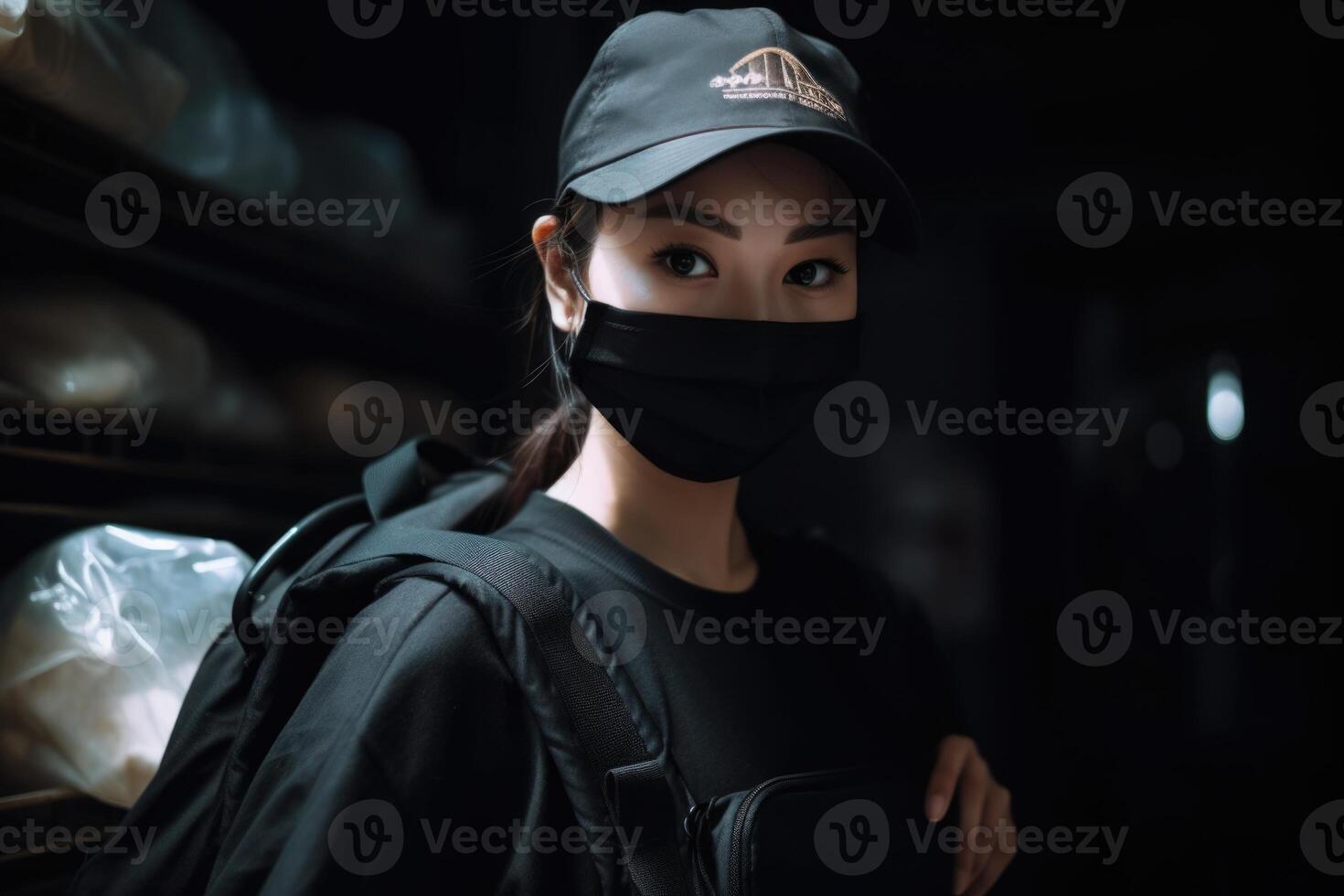 Portrait of Delivery Girl Wearing Thermal Backpack in Uniform and Protective Mask, Work for Courier Service. . photo