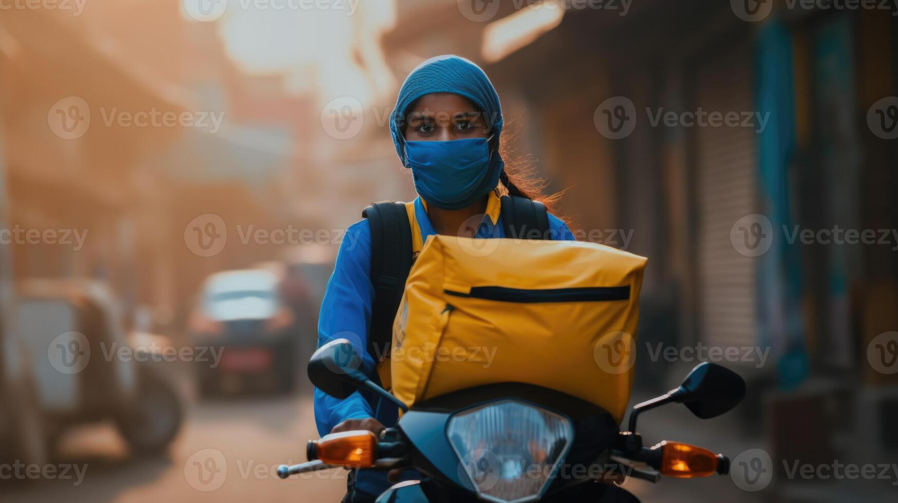 Portrait of Indian Delivery Girl Riding on Bike in Protective Mask with Yellow Courier Bag, Express Delivery Service. Generative AI. photo