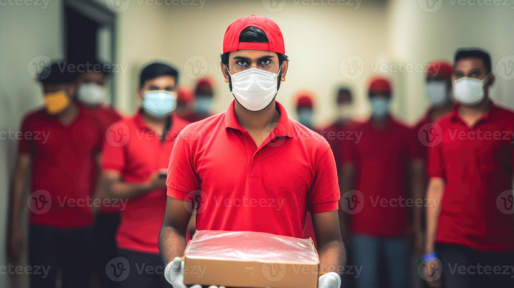 Group of Indian Delivery Boys Wearing Red T-shirt with Medical Mask at Hallway, Work for Courier Service. . photo