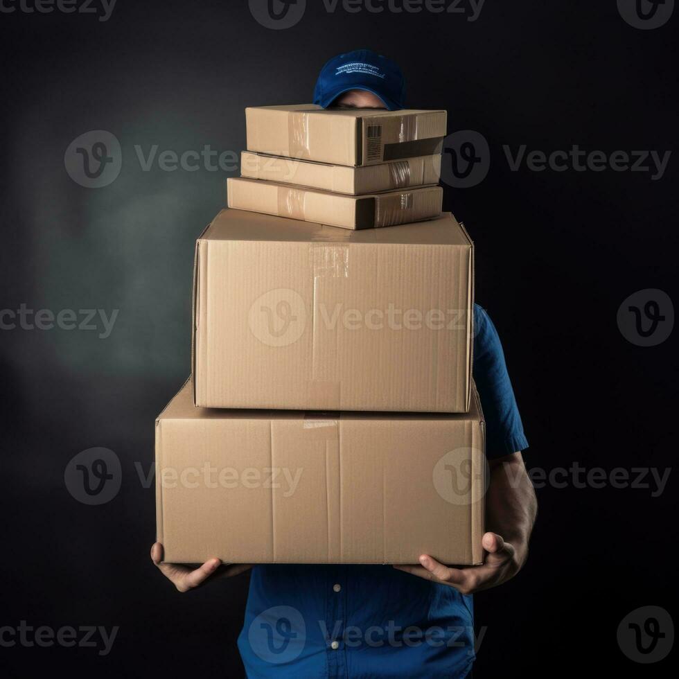 Delivery Man in Blue Shirt Holding Pile of Cardboard Box, Obscuring Face. Work for Courier Service, Generative AI. photo