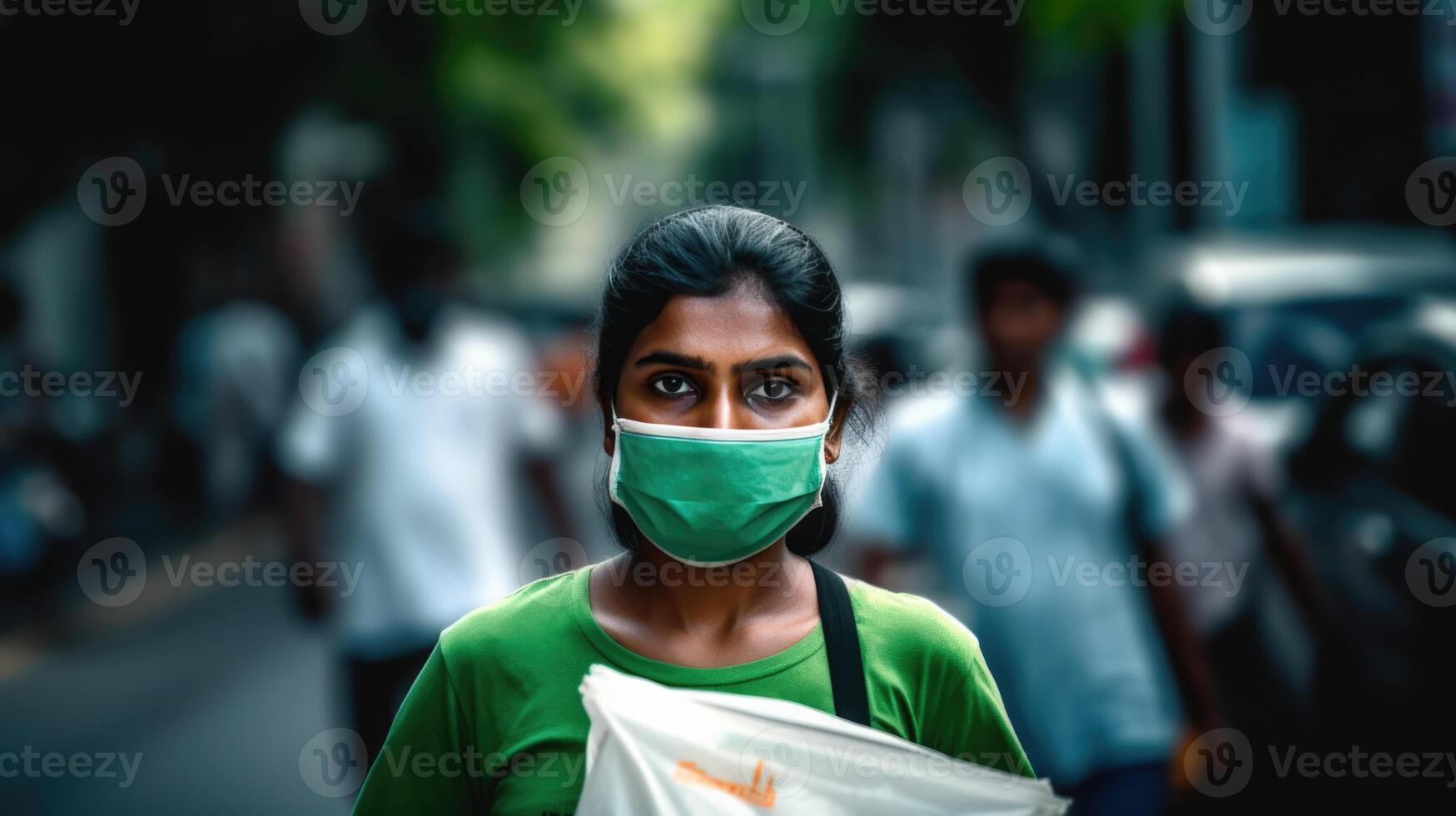 Closeup Portrait of Delivery Girl Wearing Green T-shirt and Face Mask at Outside, Work for Courier Service. . photo