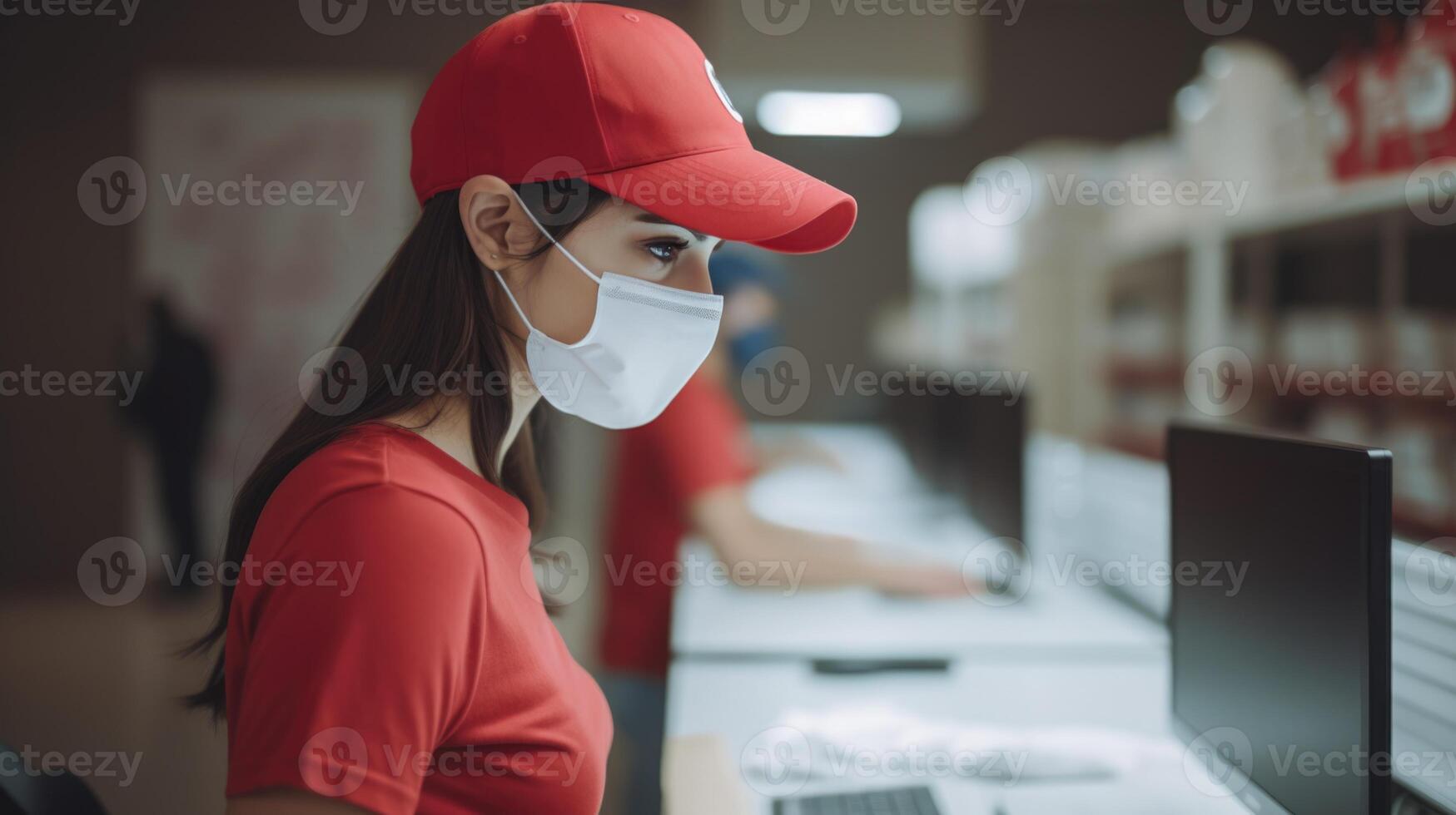 Side View of Delivery Girl in Uniform with Medical Mask During Working at Desktop. Work for Courier Service. . photo