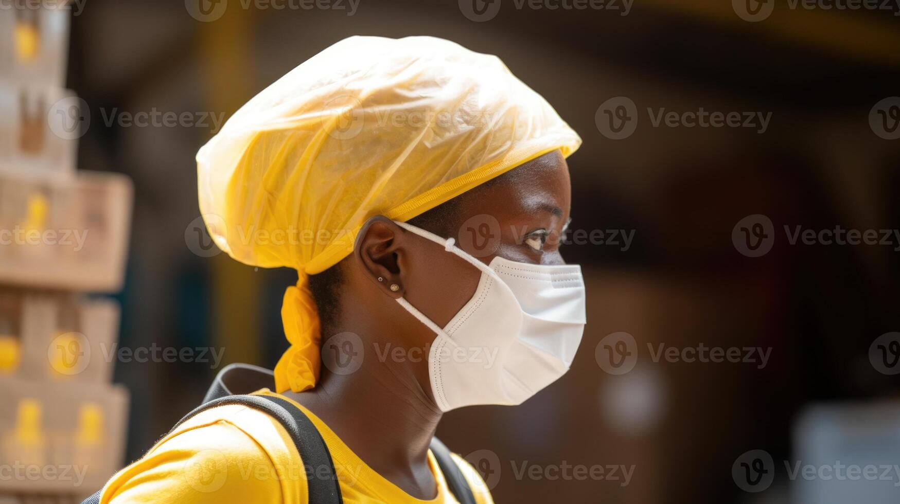 Side View Closeup of African Delivery Girl Wearing Mask During Working in Warehouse, . photo