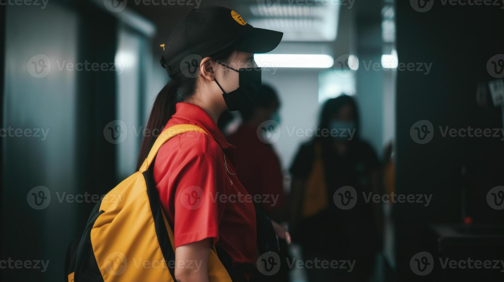 Side View Closeup of Delivery Girl Wearing Thermal Backpack in Uniform and Medical Mask, Work for Courier Service. . photo