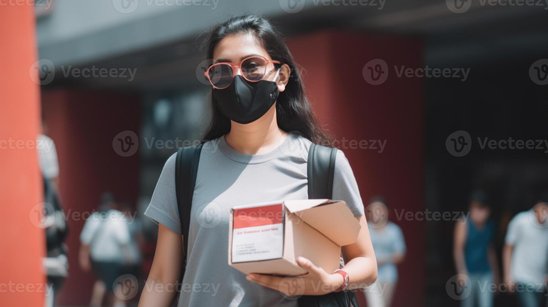 Delivery Girl Wearing Thermal Backpack in Medical Mask and Holding Cardboard Box, Work for Courier Service. Generative AI. photo