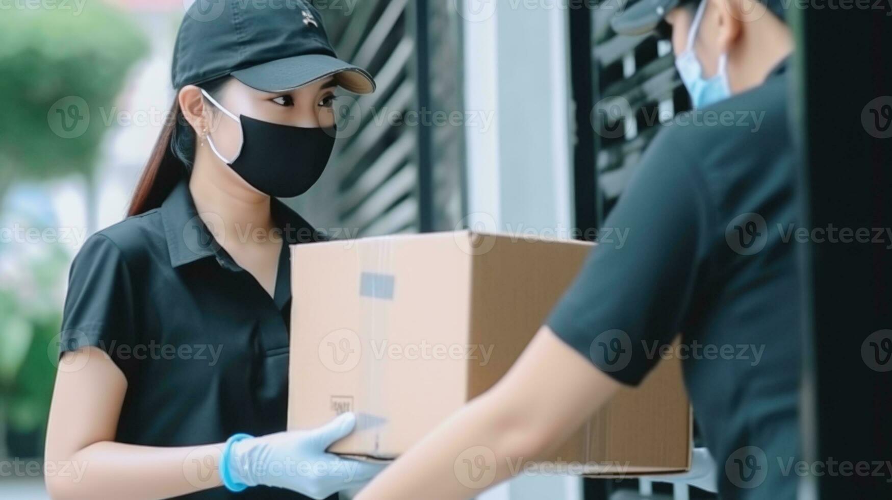 Closeup Portrait of Delivery Girl Giving Cardboard Box to Coworker in Protective Mask, Work for Courier Service. Generative AI. photo