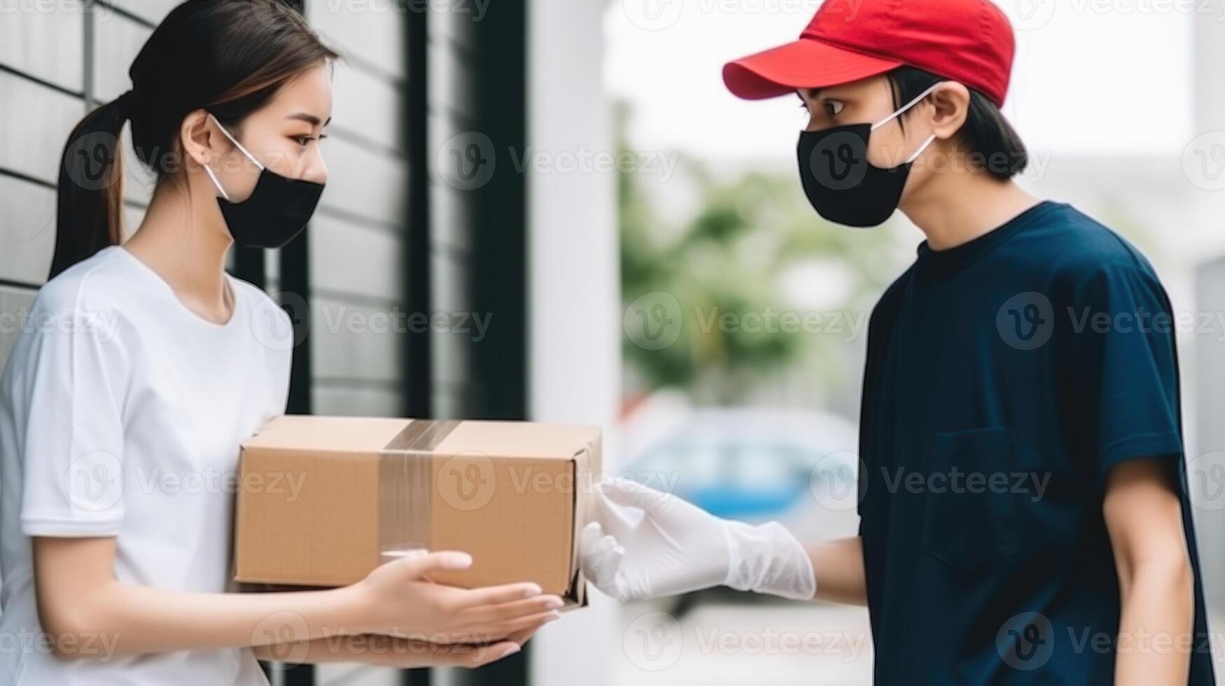 Side View Portrait of Delivery Boy Giving Cardboard Box to Female Customer in Protective Mask at Doorstep. . photo