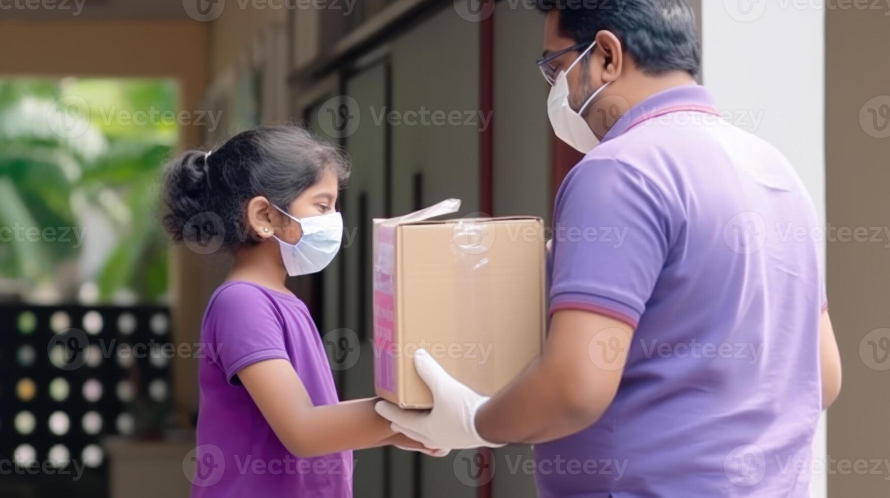 Side View Portrait of Middle Aged Indian Delivery Man Giving Cardboard Box to Customer Girl in Protective Mask at Doorstep, Generative AI. photo