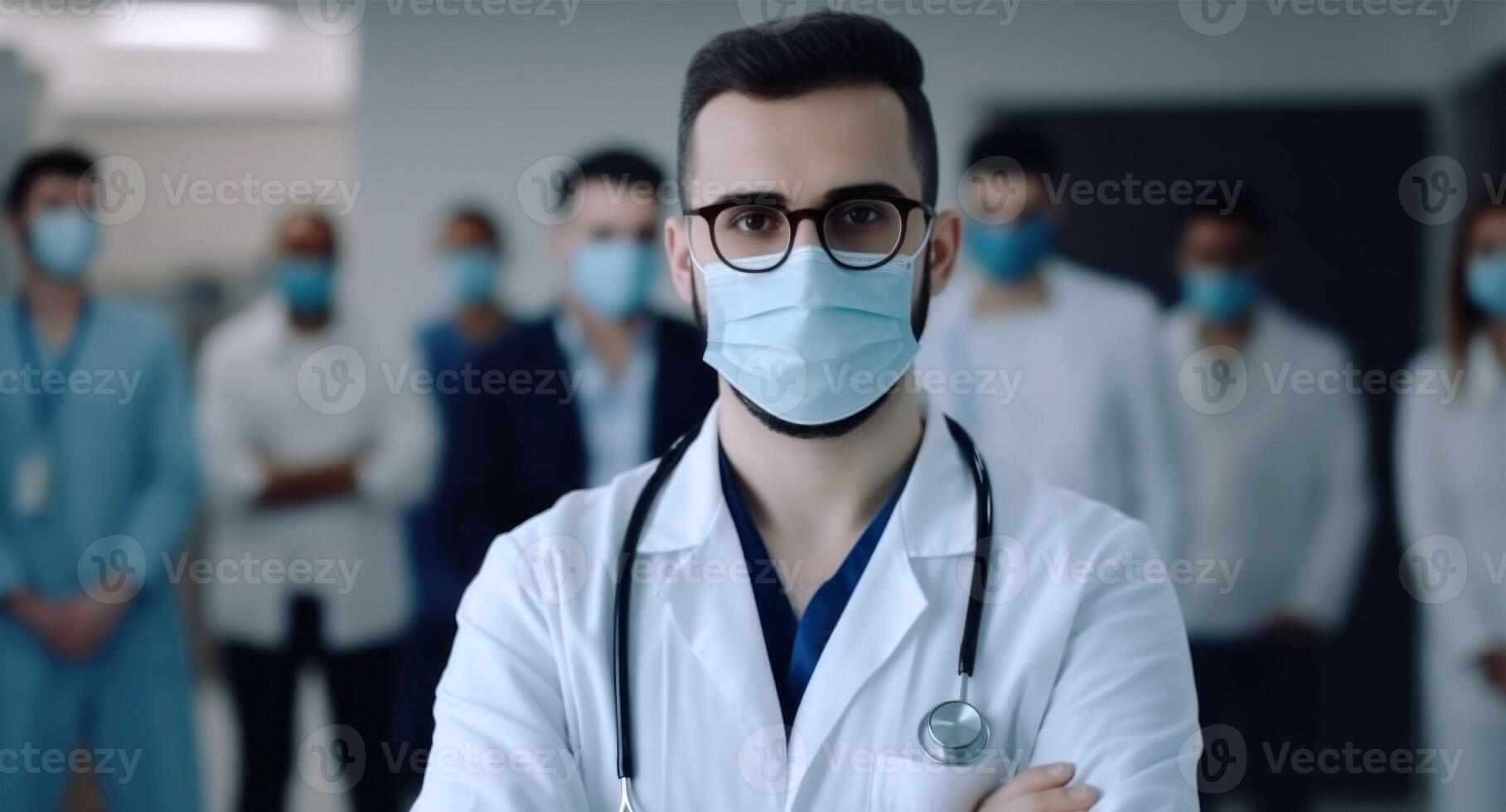 Portrait of Medical Professionals Wearing Masks and Standing in Hallway of Hospital. . photo