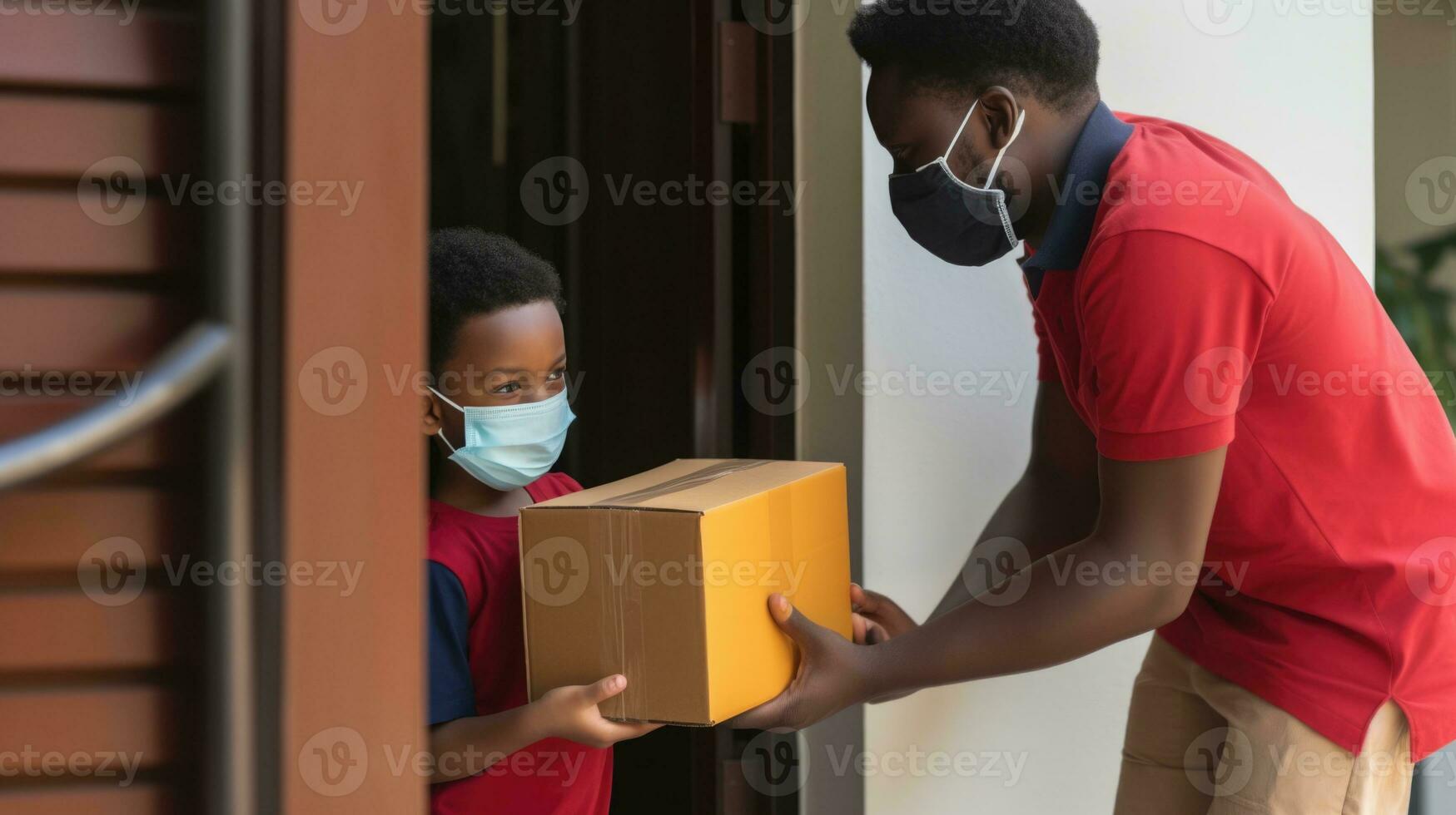 Side View of African Delivery Man Wearing Uniform with Medical Mask and Giving Cardboard Box to Customer Boy at Door, Generative AI. photo