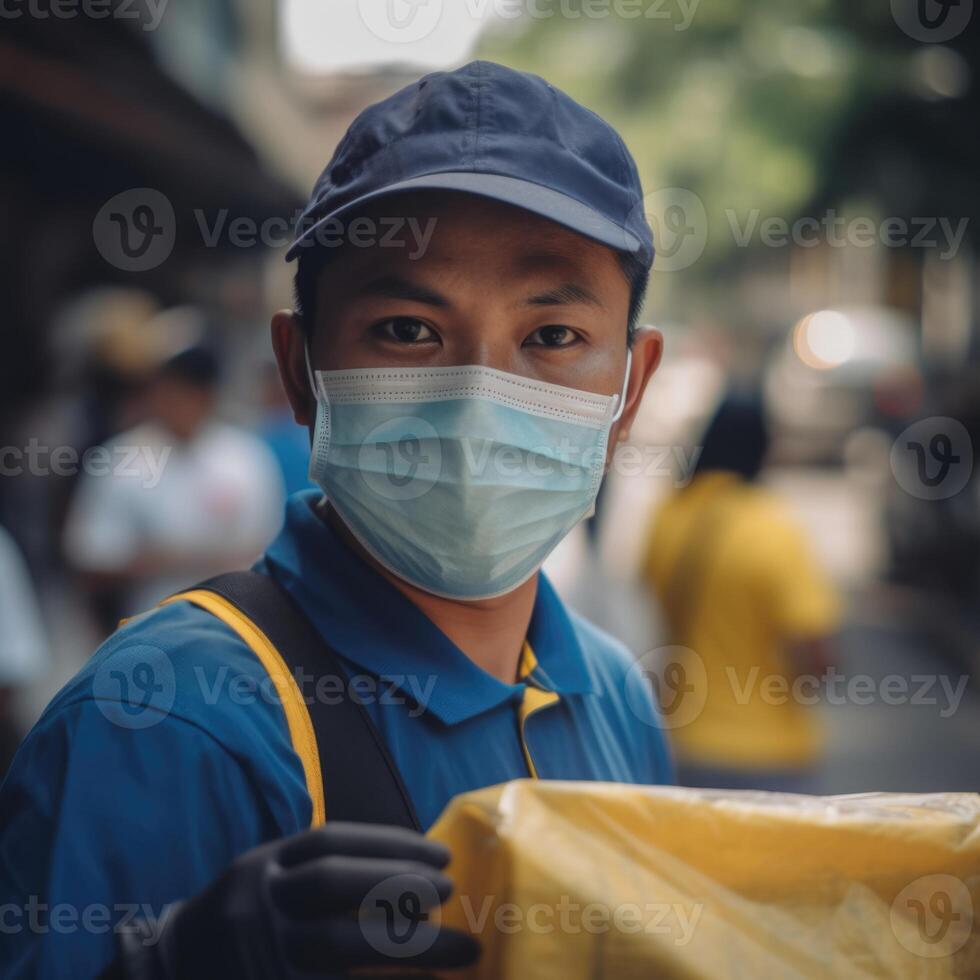 africano entrega hombre vistiendo médico máscara y uniforme, participación paquete o empaquetar o mensajero para tomar lejos. generativo ai. foto