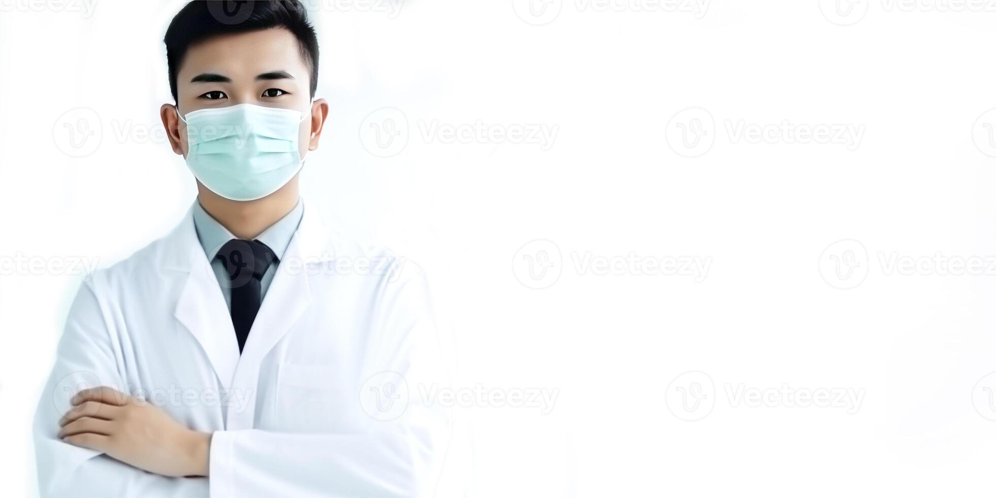 Porrtrait of Mid Aged Asian Doctor Wearing Face Mask with Arm Crossed in Standing Pose, . photo