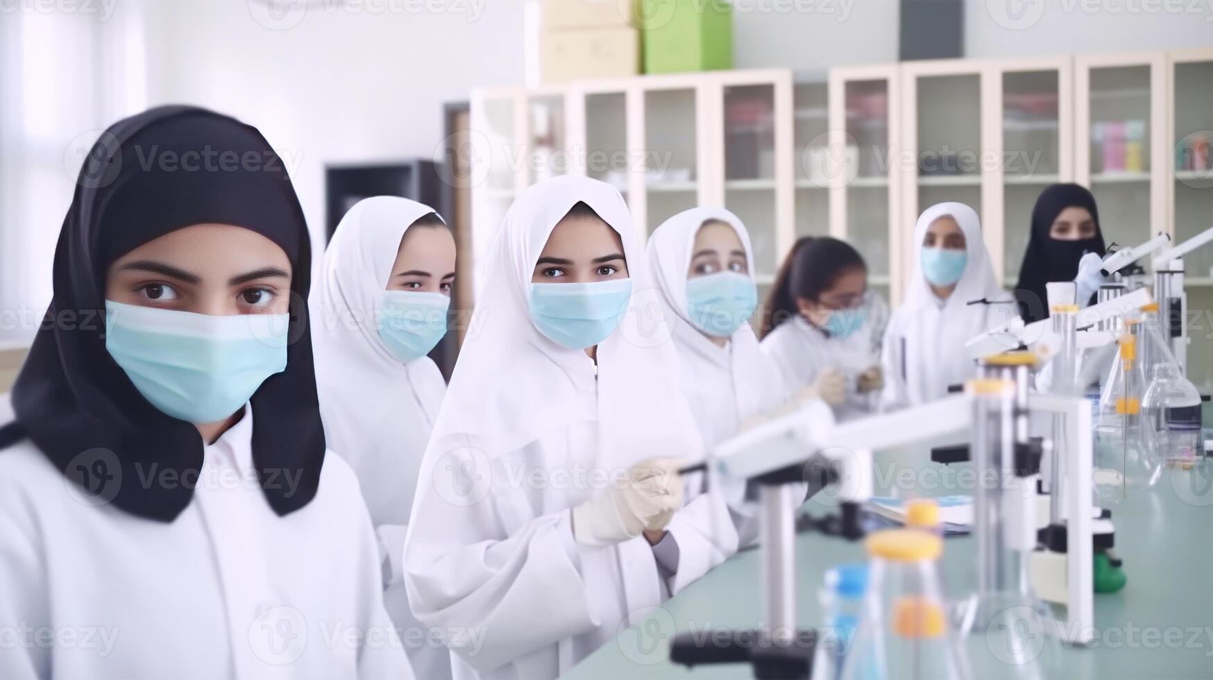 Portrait of Muslim and Other Religion Female Scientists Researching and Learning in a Laboratory, . photo