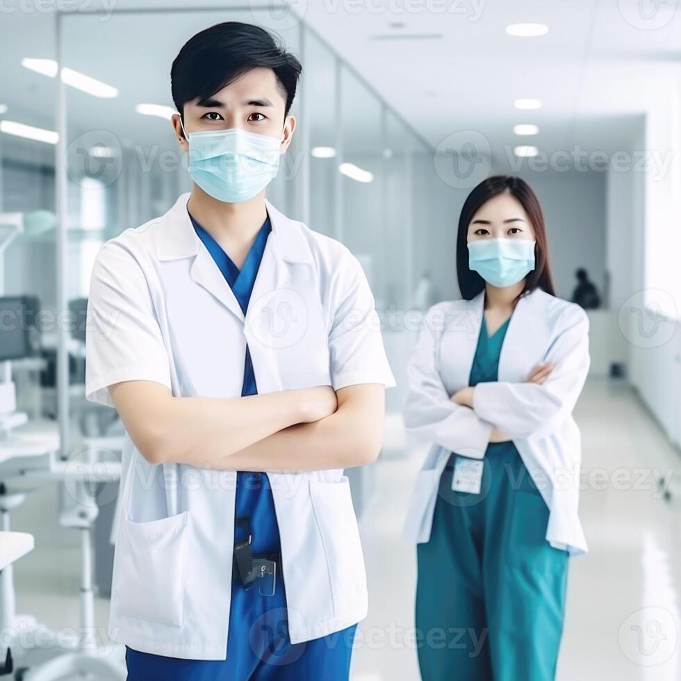 Portrait of Young Asian Male and Female Doctor Wearing Masks While Standing in Hospital Foyer, . photo