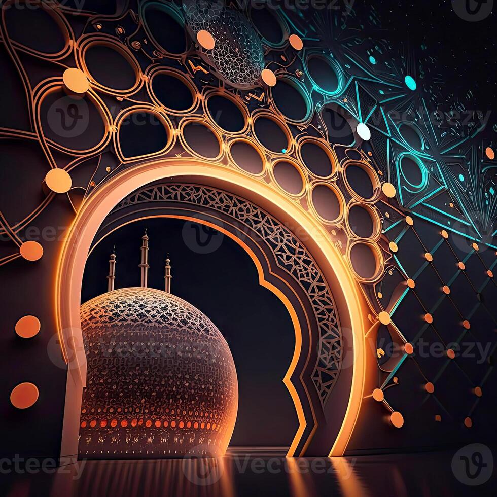 Amazing architecture design of muslim mosque, and abstract shiny patterns, ramadan mubarak concept, . Shiny lights. photo