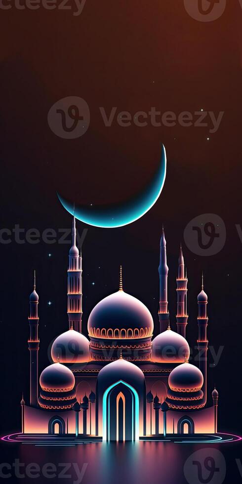 Amazing architecture design of shiny muslim mosque, and blue crescent moon, ramadan mubarak concept, . Shiny lights. photo