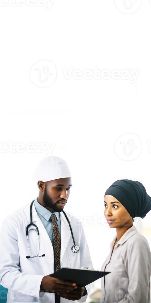 Portrait of African Muslim Male Doctor Explaining to Nurse or Patient at Workplace, . Vertical Banner Design. photo