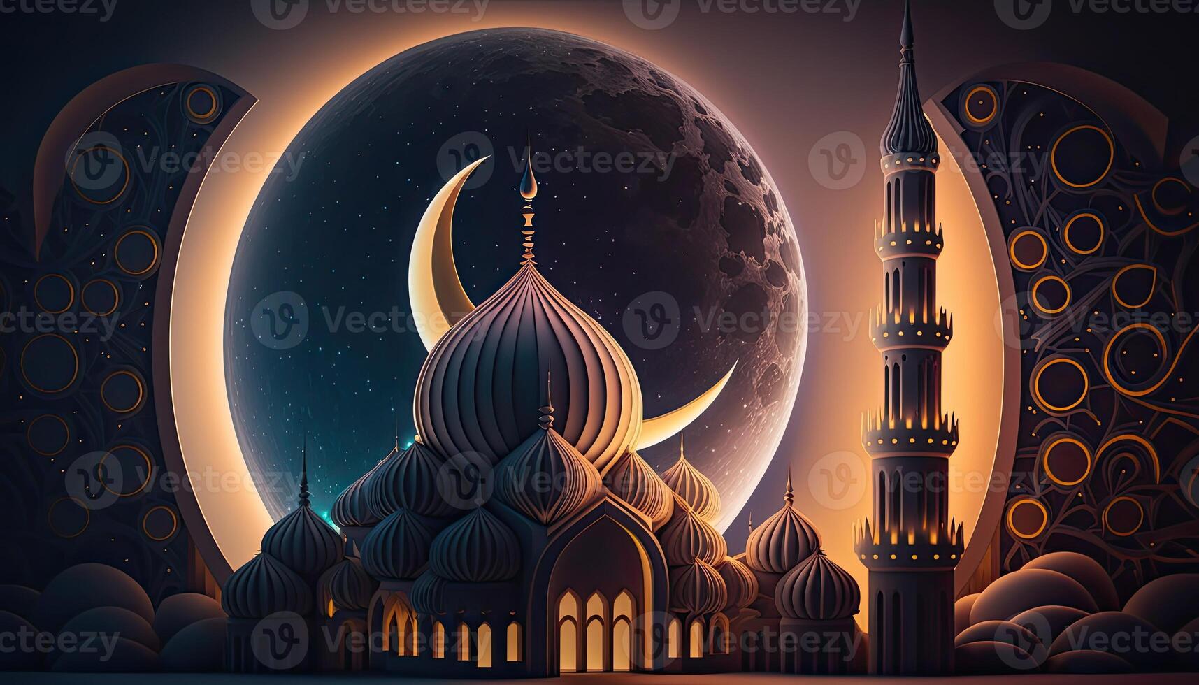 Amazing architecture design of muslim mosque, crescent moon and stars, ramadan mubarak concept, . photo