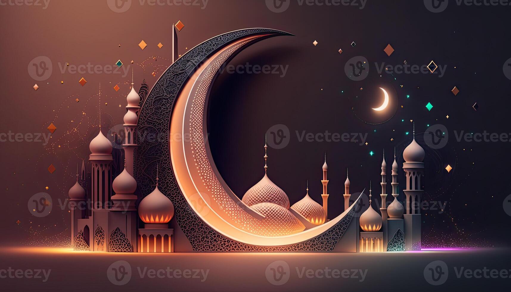increíble arquitectura diseño de musulmán mezquita, creciente Luna y estrellas, Ramadán Mubarak concepto, generativo ai. foto