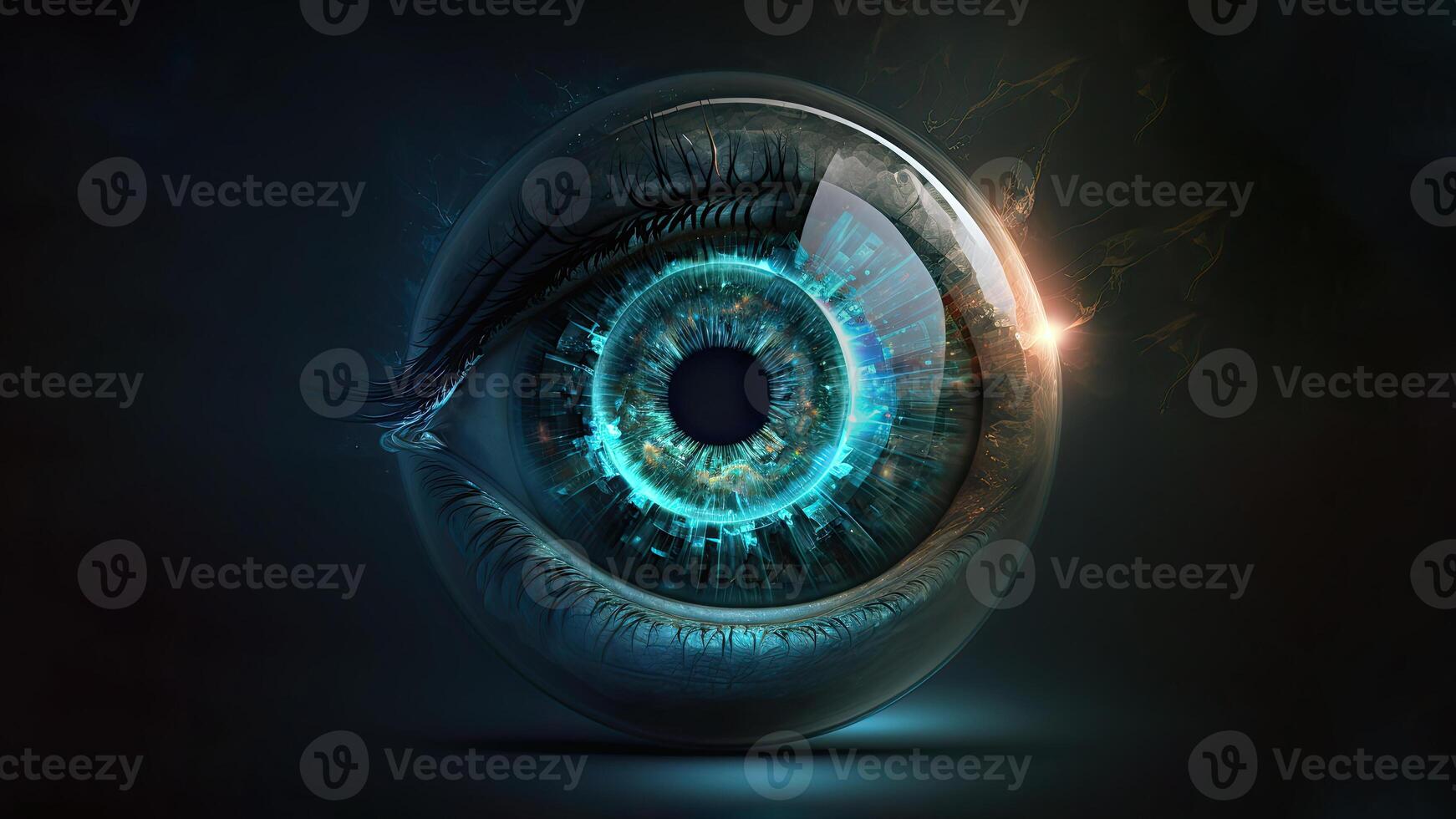 Eyeball Hologram In Closeup, Digital Technology. photo