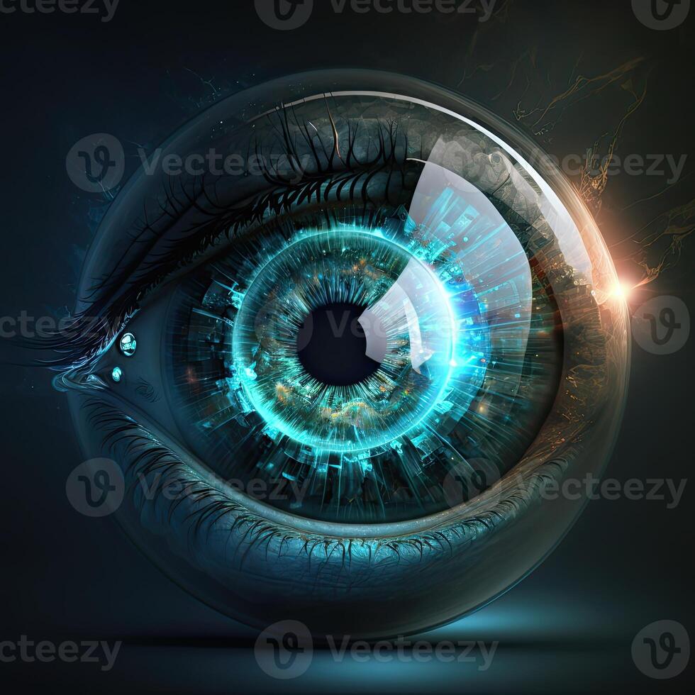 Eyeball Hologram In Closeup, Digital Technology. photo