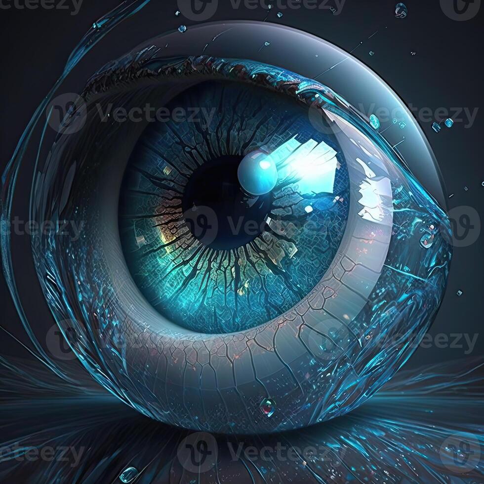 Eyeball Hologram In Closeup, Digital Technology. photo