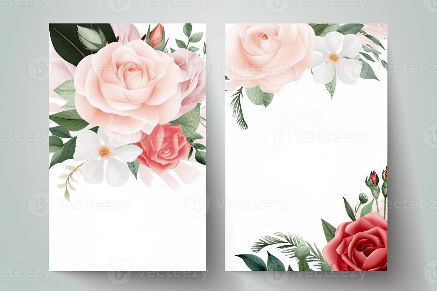 Watercolour roses flowers drawing, decorated paper background, vertical banners collection for invitation, spring and wedding card, copy space at center. photo