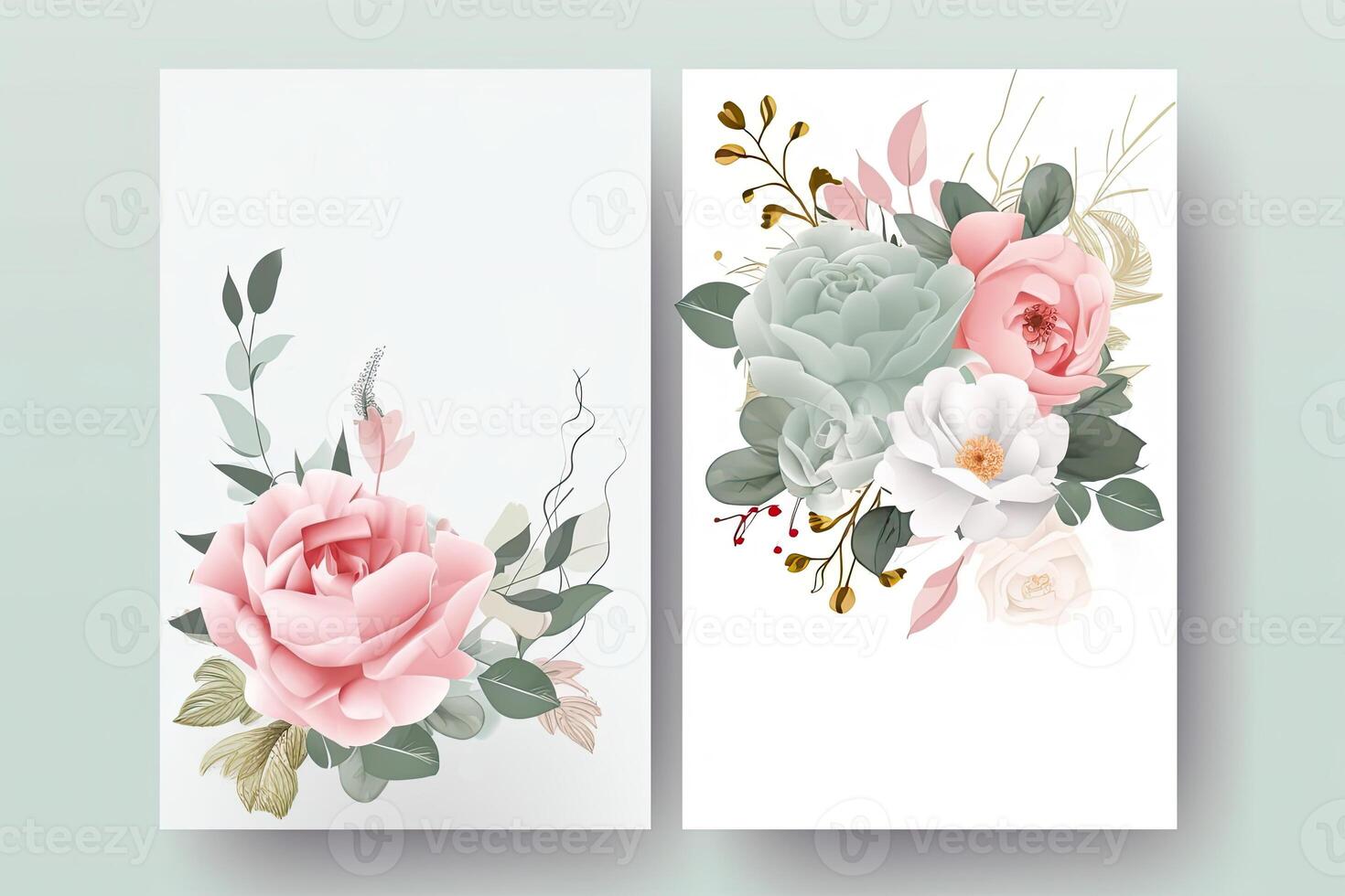 Watercolour roses flowers drawing, decorated paper background, vertical banners collection for invitation, spring and wedding card, copy space at center. photo