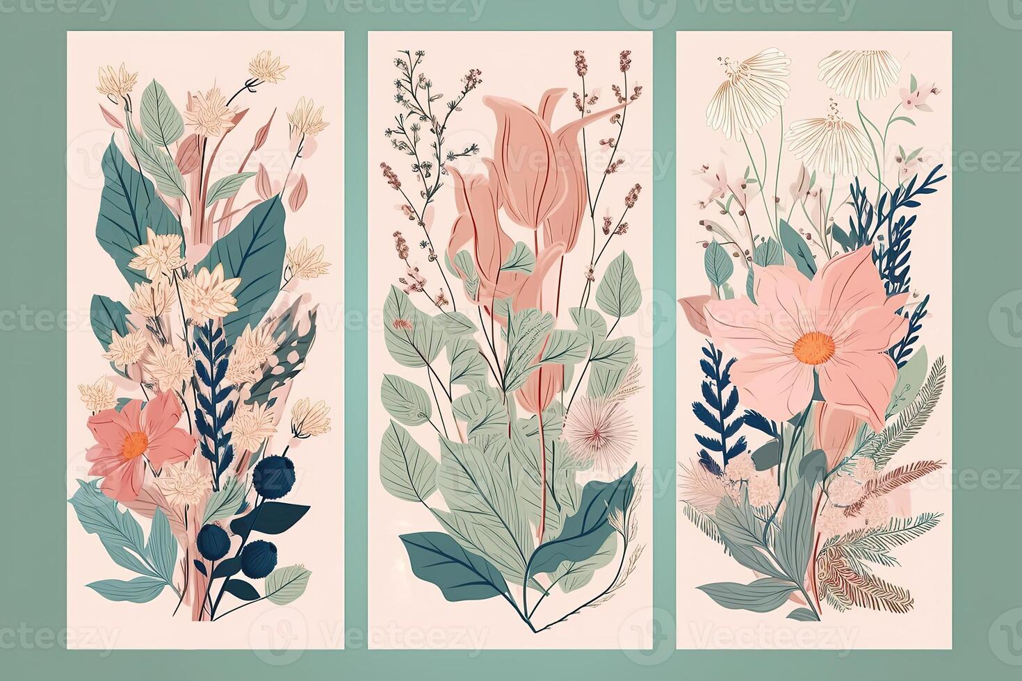 Watercolour flowers drawing, decorated paper background, vertical banners collection for invitation, spring and wedding card, copy space at center. photo