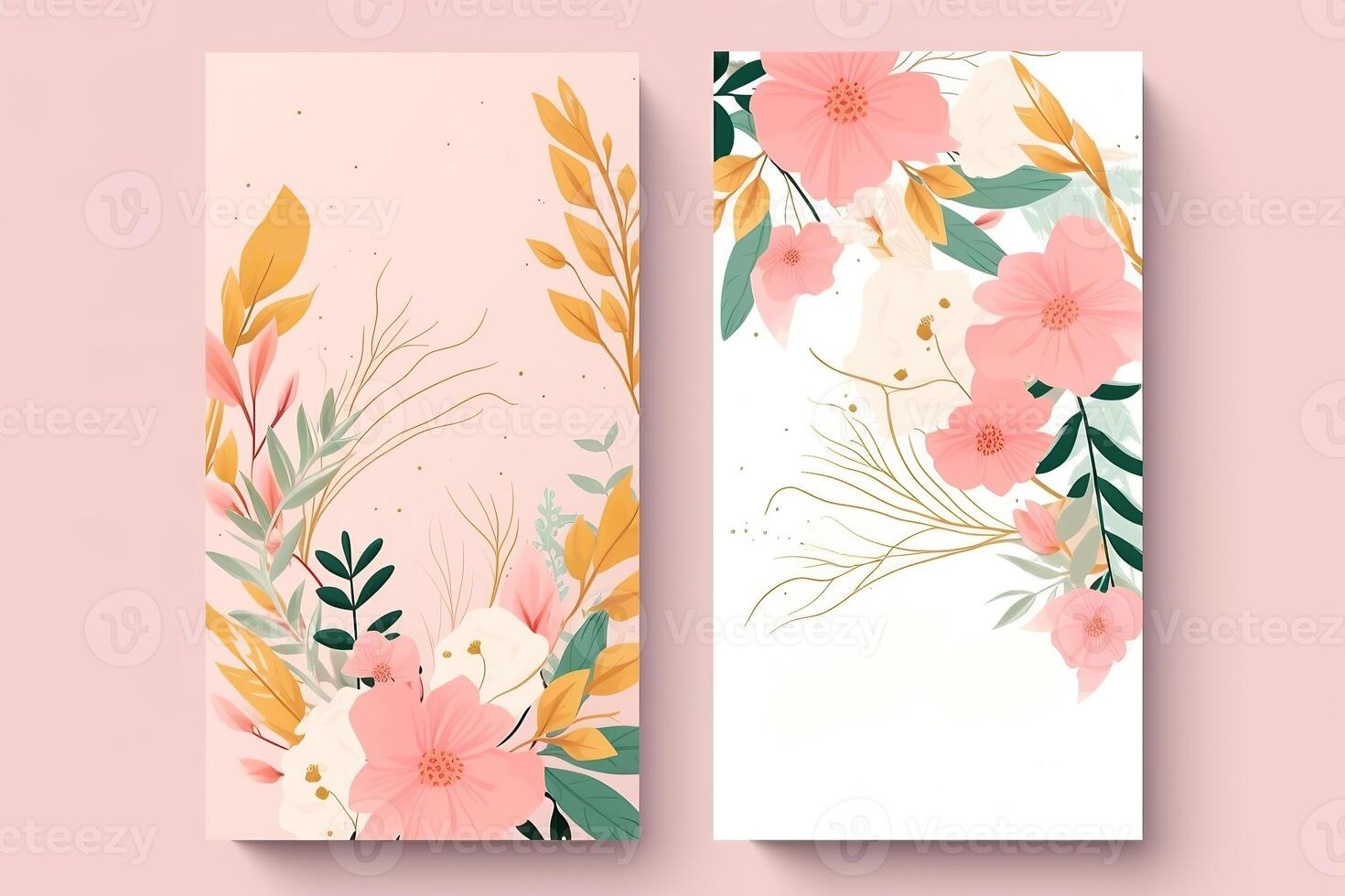 Watercolour flowers drawing, decorated paper background, vertical banners collection for invitation, spring and wedding card, copy space at center. photo