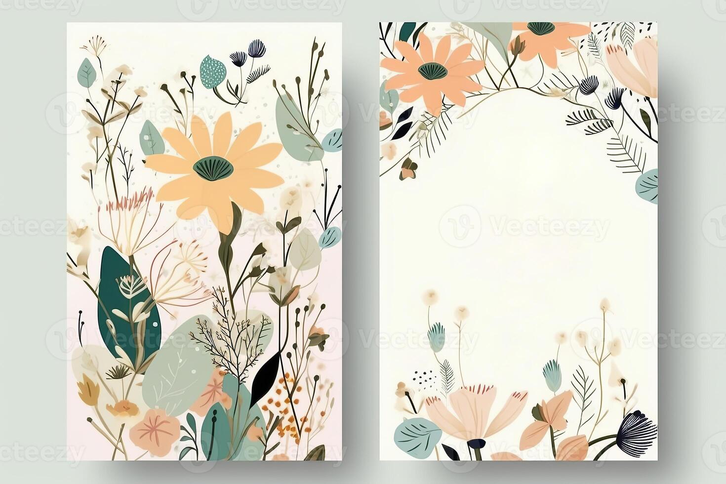 Watercolour flowers drawing, decorated paper background, vertical banners collection for invitation, spring and wedding card, copy space at center. photo