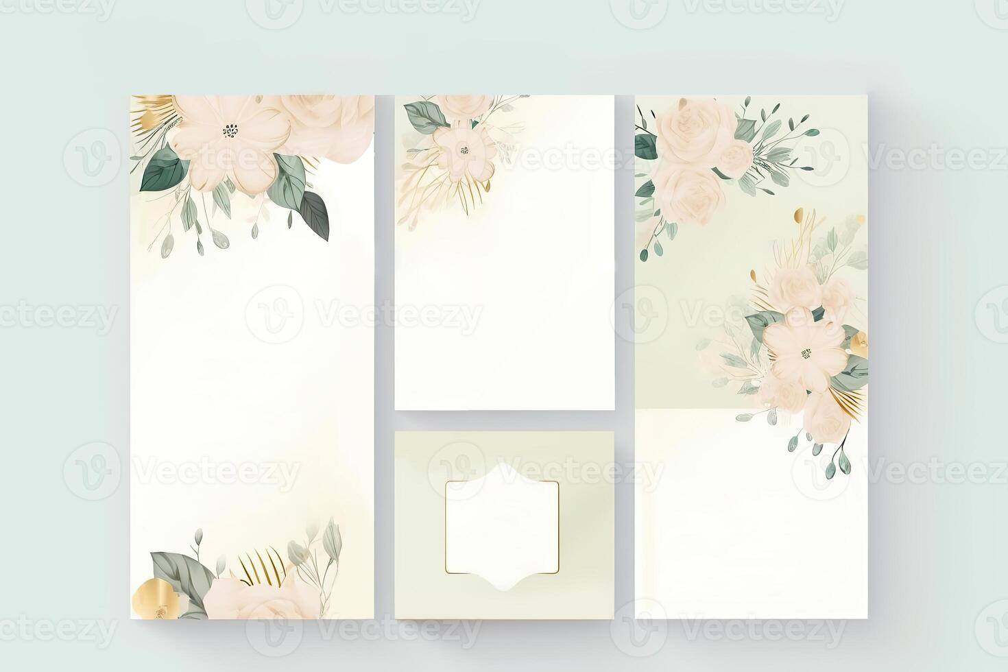 Watercolour flowers drawing, decorated paper background, vertical banners collection for invitation, spring and wedding card, copy space at center. photo