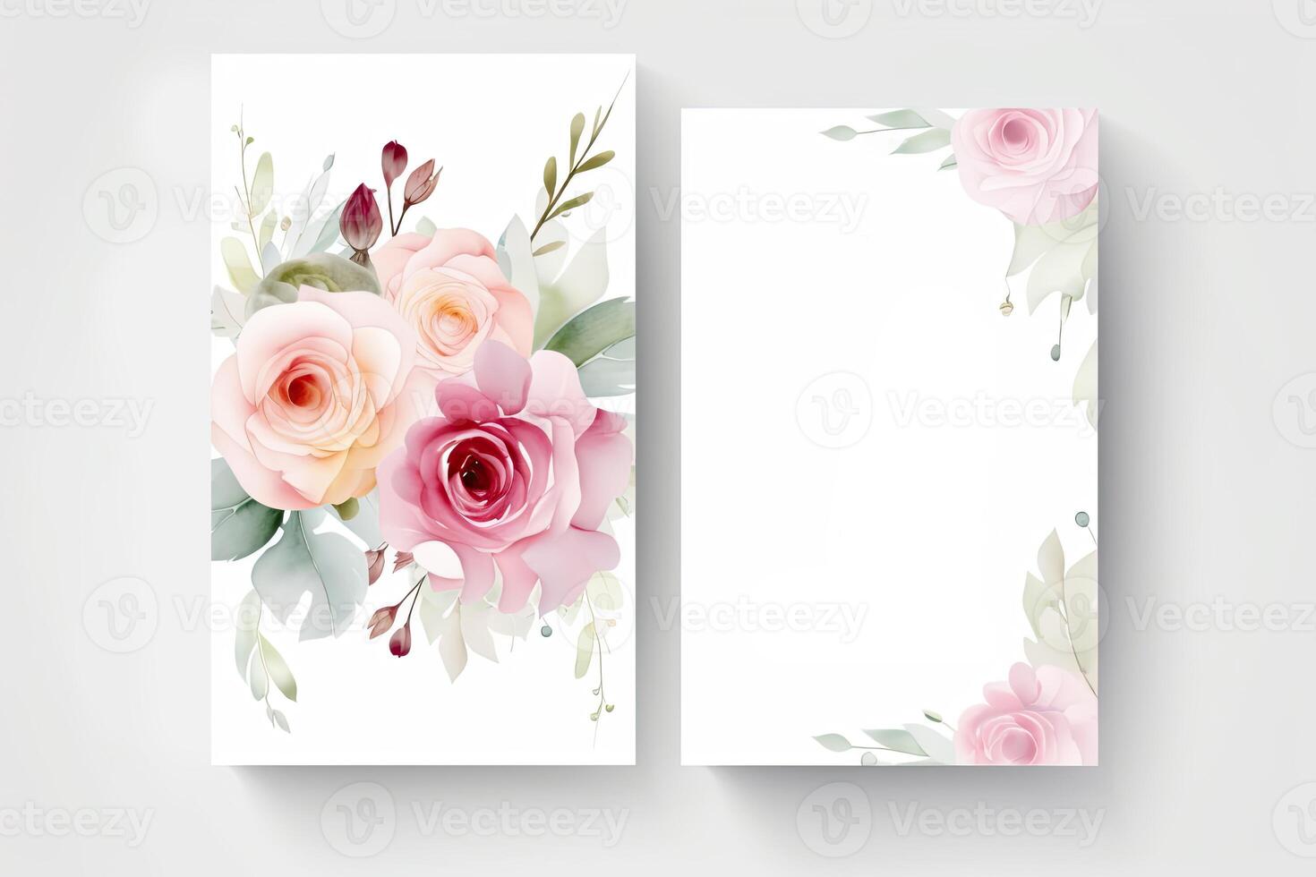 Watercolour roses flowers drawing, decorated paper background, vertical banners collection for invitation, spring and wedding card, copy space at center. photo