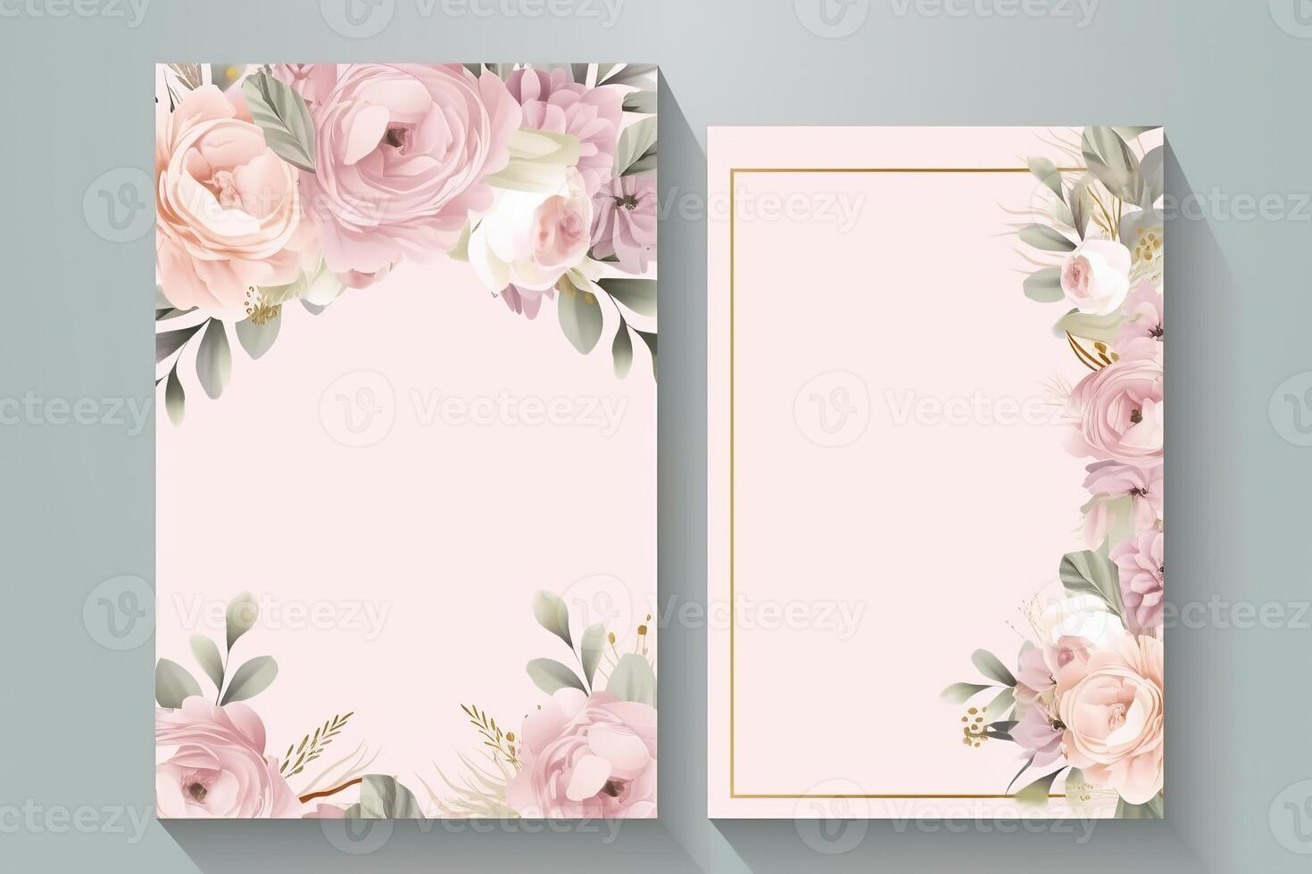 Watercolour flowers drawing, decorated paper background, vertical banners collection for invitation, spring and wedding card, copy space at center. photo