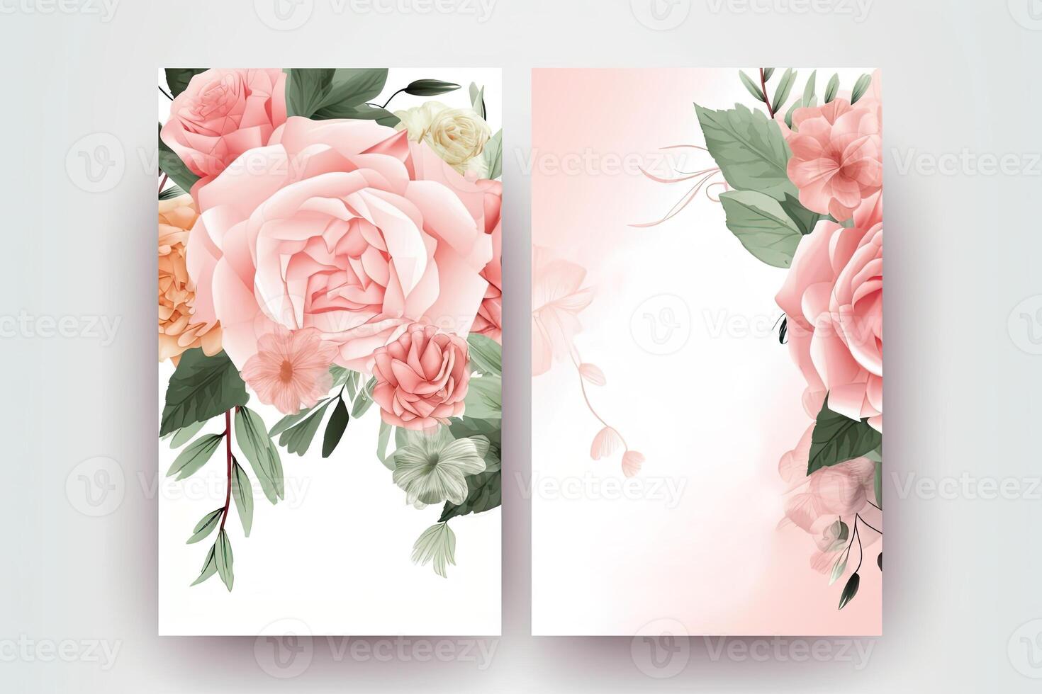 Watercolour roses flowers drawing, decorated paper background, vertical banners collection for invitation, spring and wedding card, copy space at center. photo