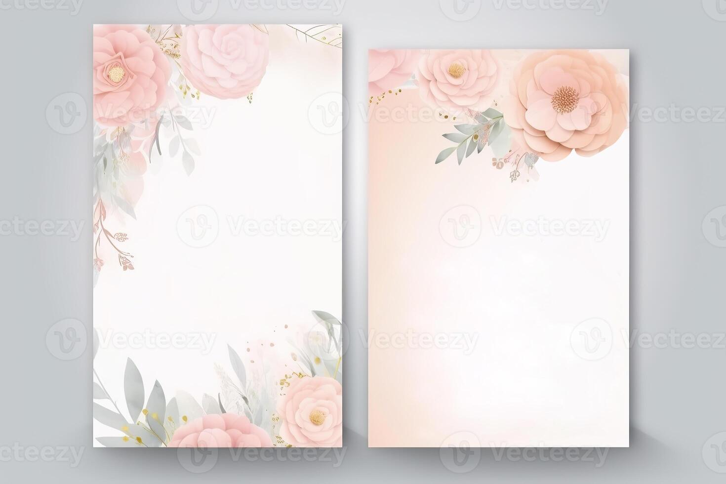 Watercolour flowers drawing, decorated paper background, vertical banners collection for invitation, spring and wedding card, copy space at center. photo