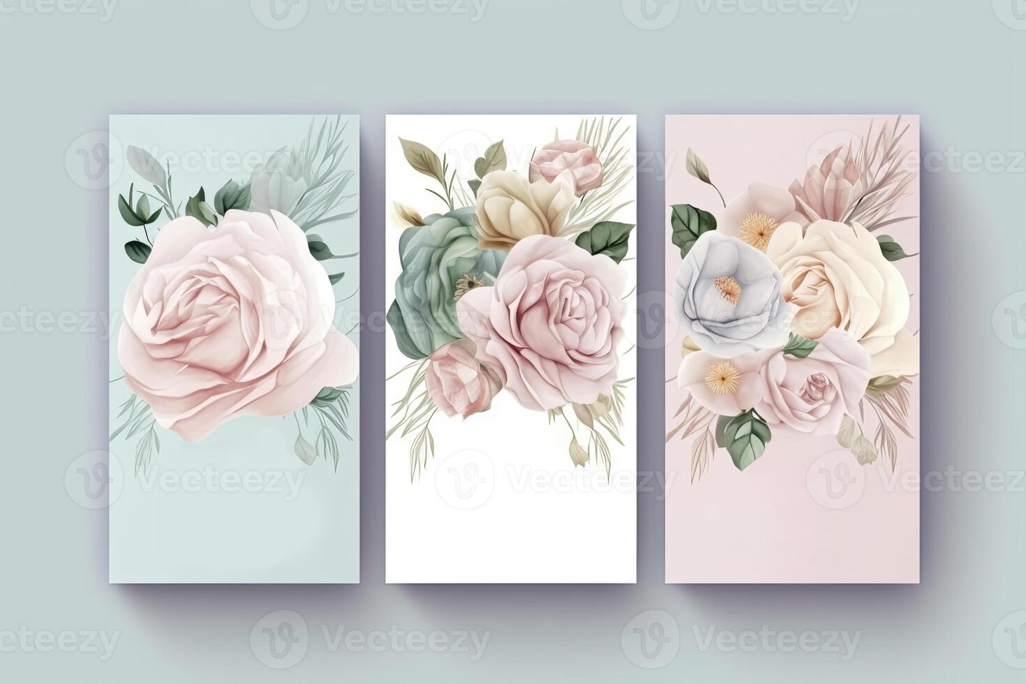 Watercolour roses flowers drawing, decorated paper background, vertical banners collection for invitation, spring and wedding card, copy space at center. photo