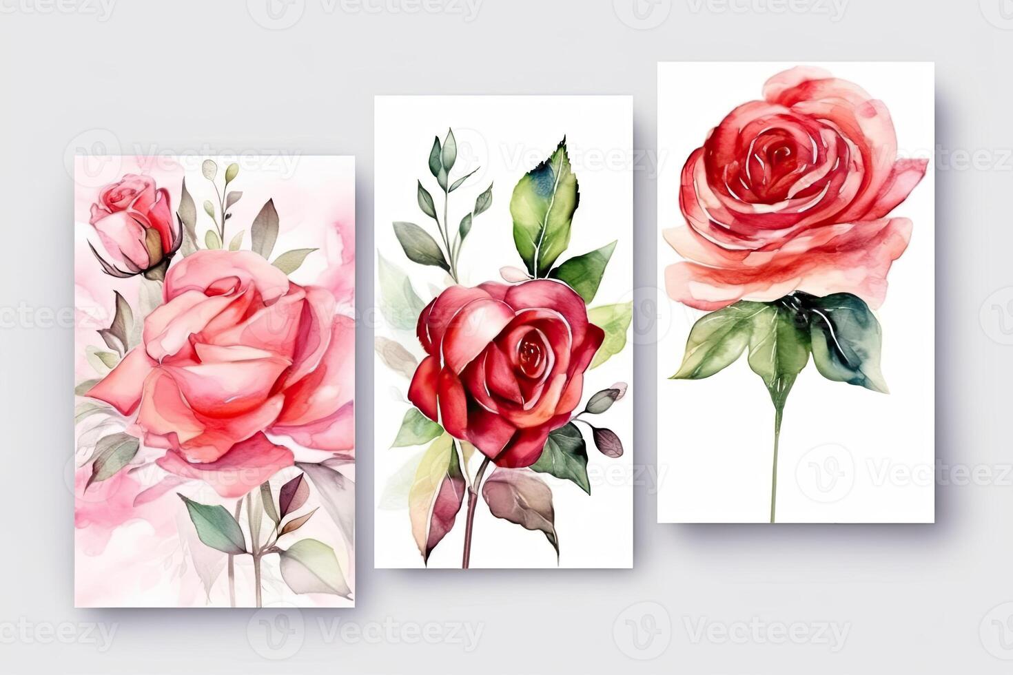 Watercolour roses flowers drawing, decorated paper background, vertical banners collection for invitation, spring and wedding card, copy space at center. photo