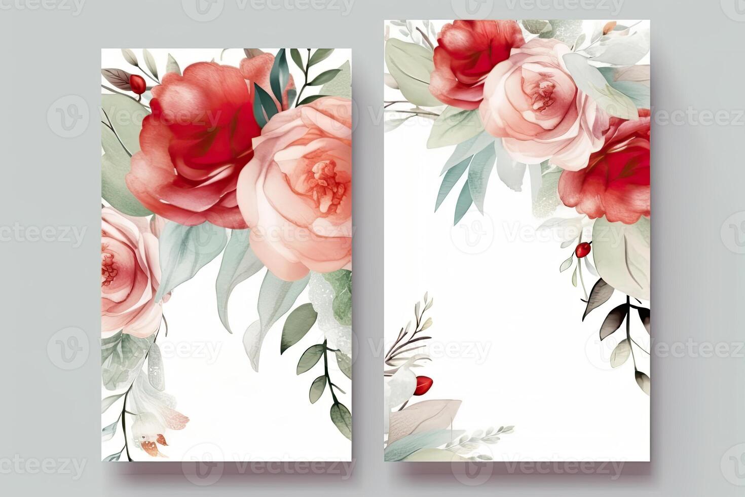 Watercolour roses flowers drawing, decorated paper background, vertical banners collection for invitation, spring and wedding card, copy space at center. photo