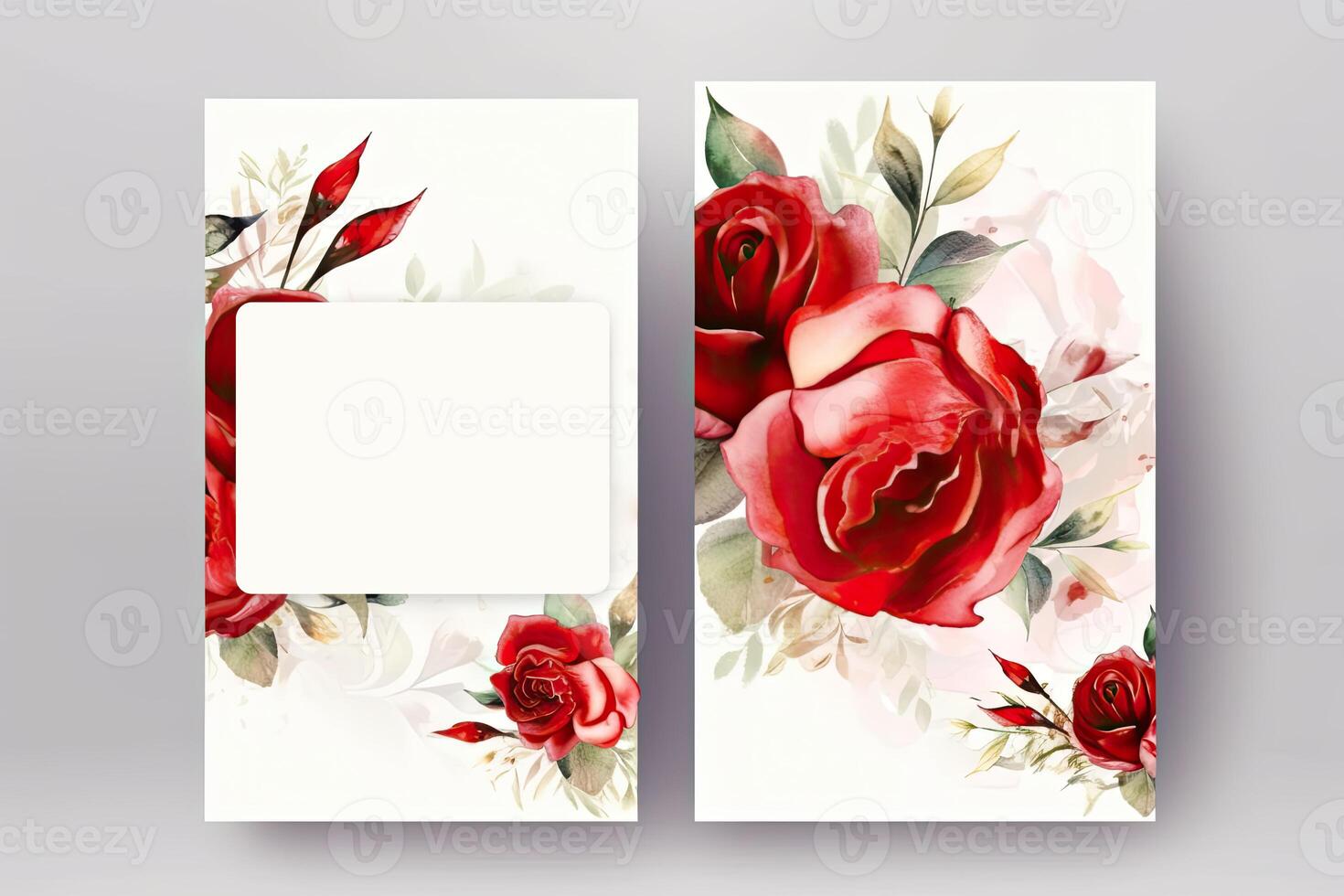 Watercolour roses flowers drawing, decorated paper background, vertical banners collection for invitation, spring and wedding card, copy space at center. photo