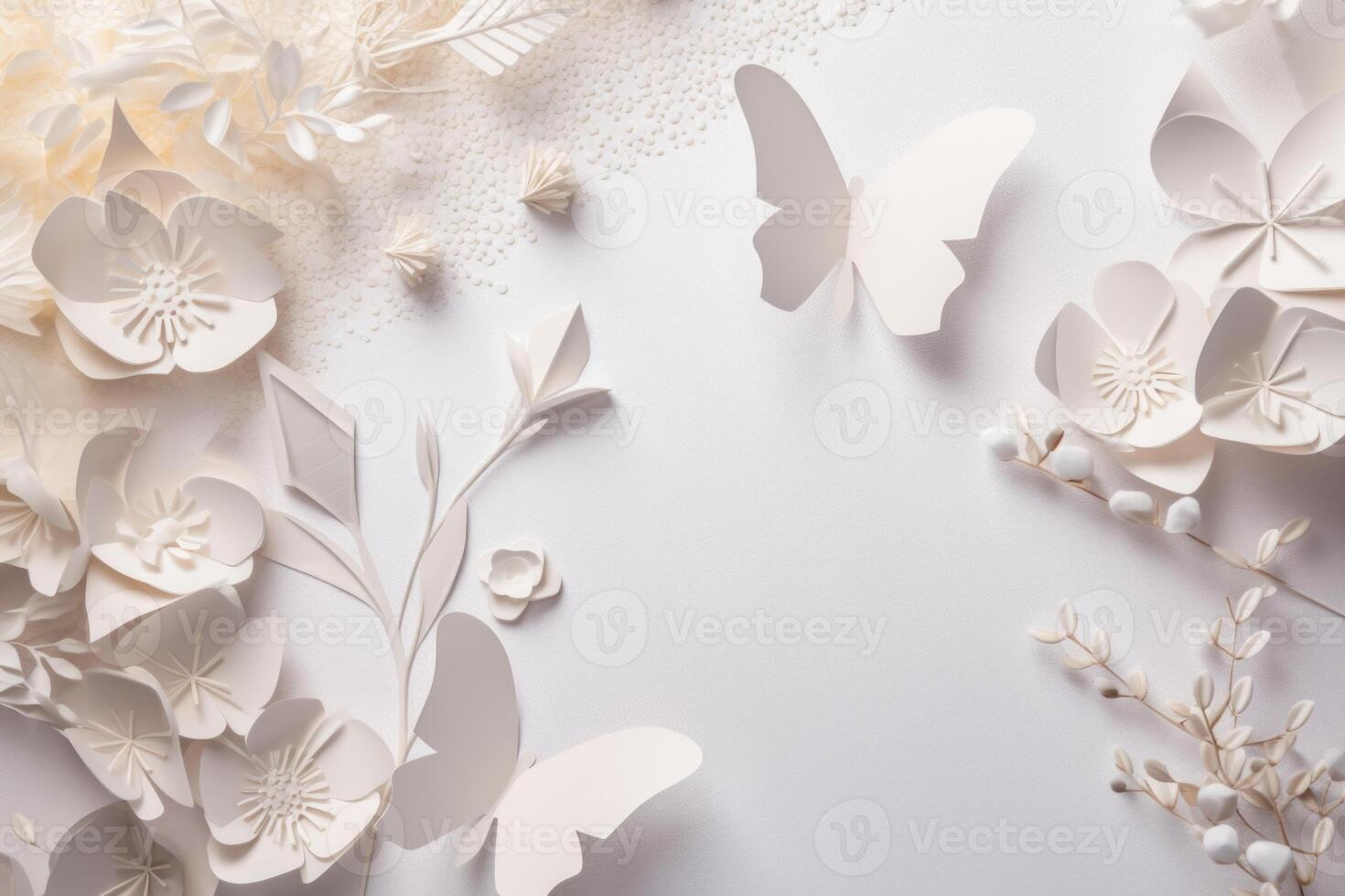 Top View 3d Wallpaper, White Flowers with Branches having Bright Light Color Incredibly Detailed Butterflies. . photo