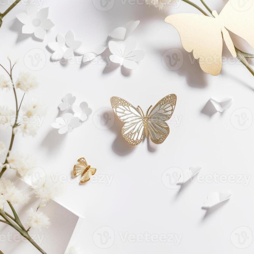 Top View 3d Wallpaper, White Cherry Flowers with Branches having Bright Light Color Incredibly Detailed Butterflies. . photo