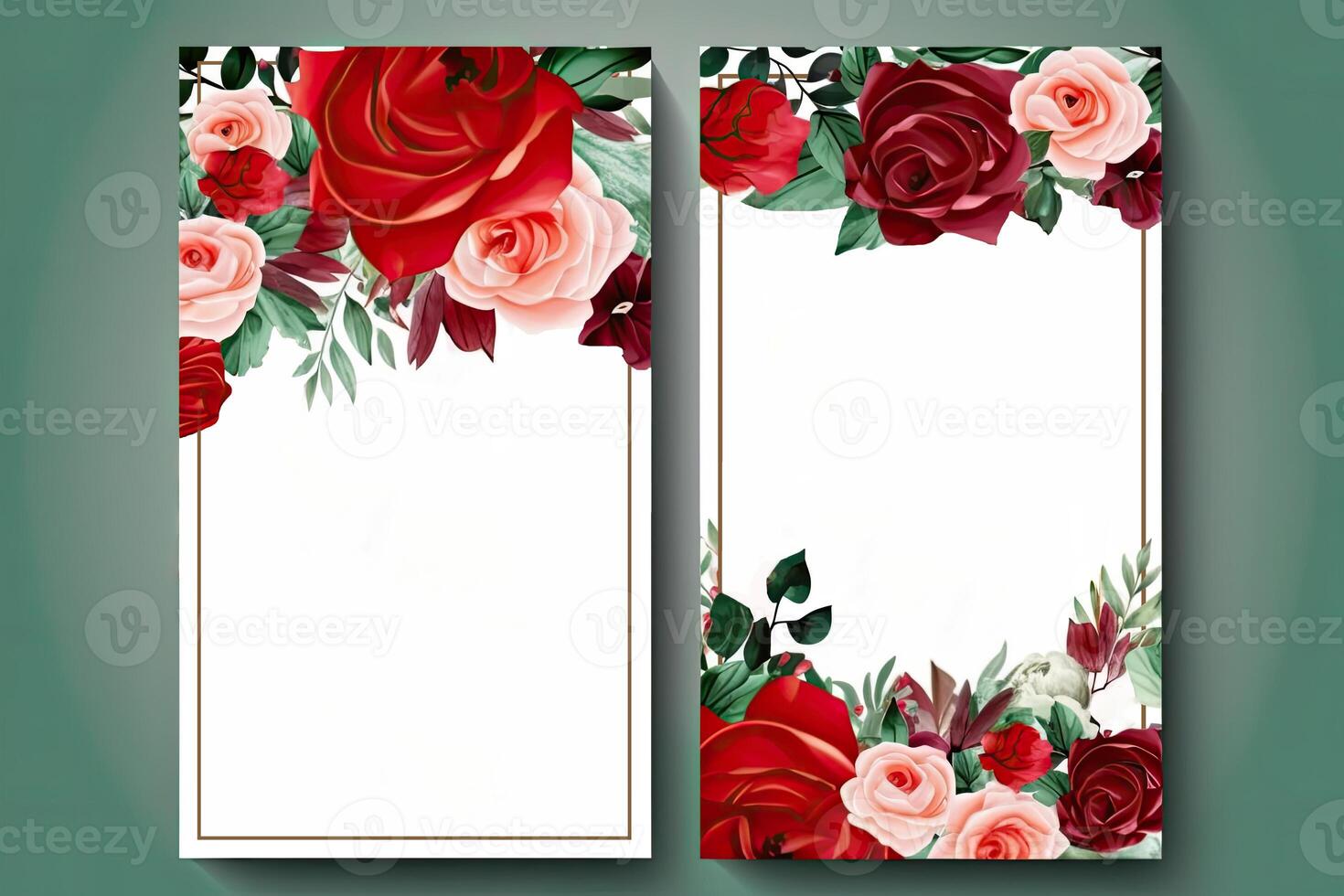 Watercolor Rose Flower and Leaves Decorative Vertical Background Or Card Mockup. Illustration. photo