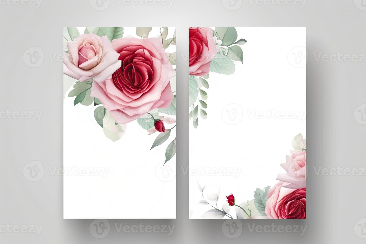 Beautiful Pink Rose Flower and Leaves Decorative Vertical Background Or Card Design. Illustration. photo