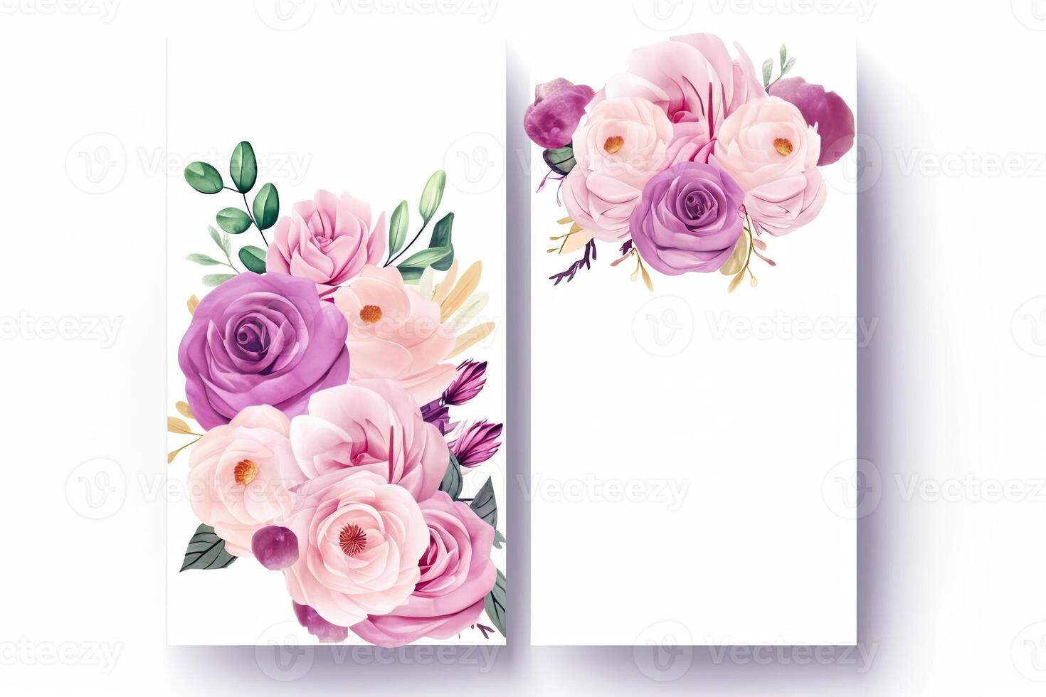 Watercolor Rose Flower and Leaves Decorative Vertical Background Or Card Mockup. Illustration. photo