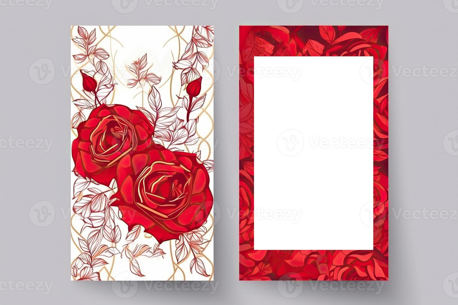 Back and Front View of Floral Greeting Card or Vertical Template with Rose Flower, Leaves. photo