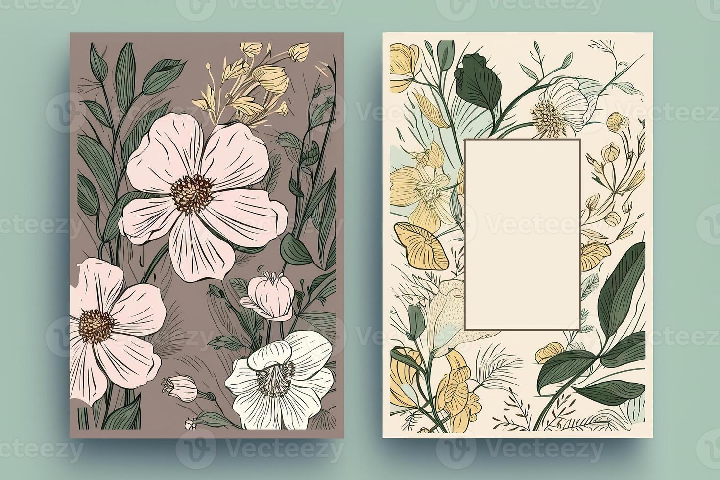 Pastel Brown Botanic Composition Vertical Background or Greeting Card Design with Watercolor Meadow Flower. Illustration. photo